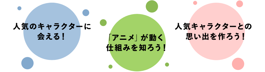 人気のキャラクターに会える！
						「アニメ」が動く仕組みを知ろう！
						人気キャラクターとの思い出を作ろう！